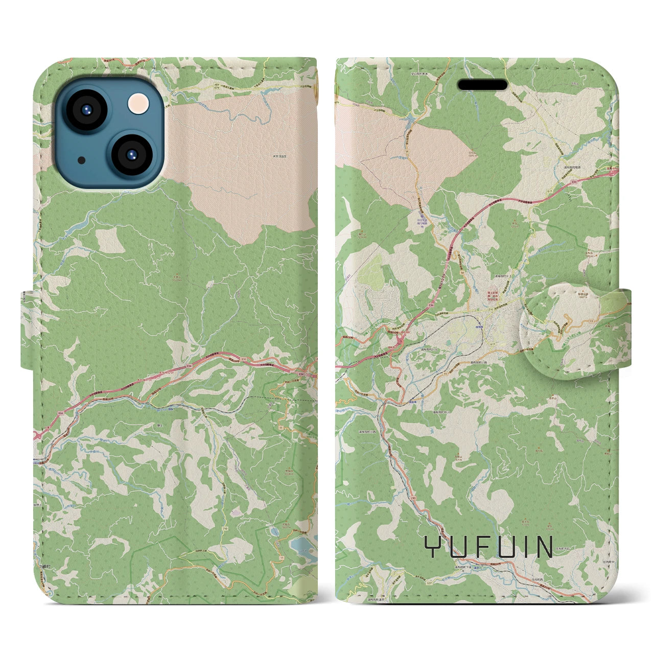 【湯布院(大分県)】地図柄iPhoneケース(手帳タイプ)ナチュラル・iPhone 13 用