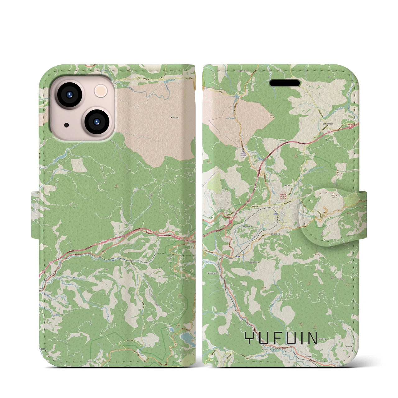 【湯布院(大分県)】地図柄iPhoneケース(手帳タイプ)ナチュラル・iPhone 13 mini 用