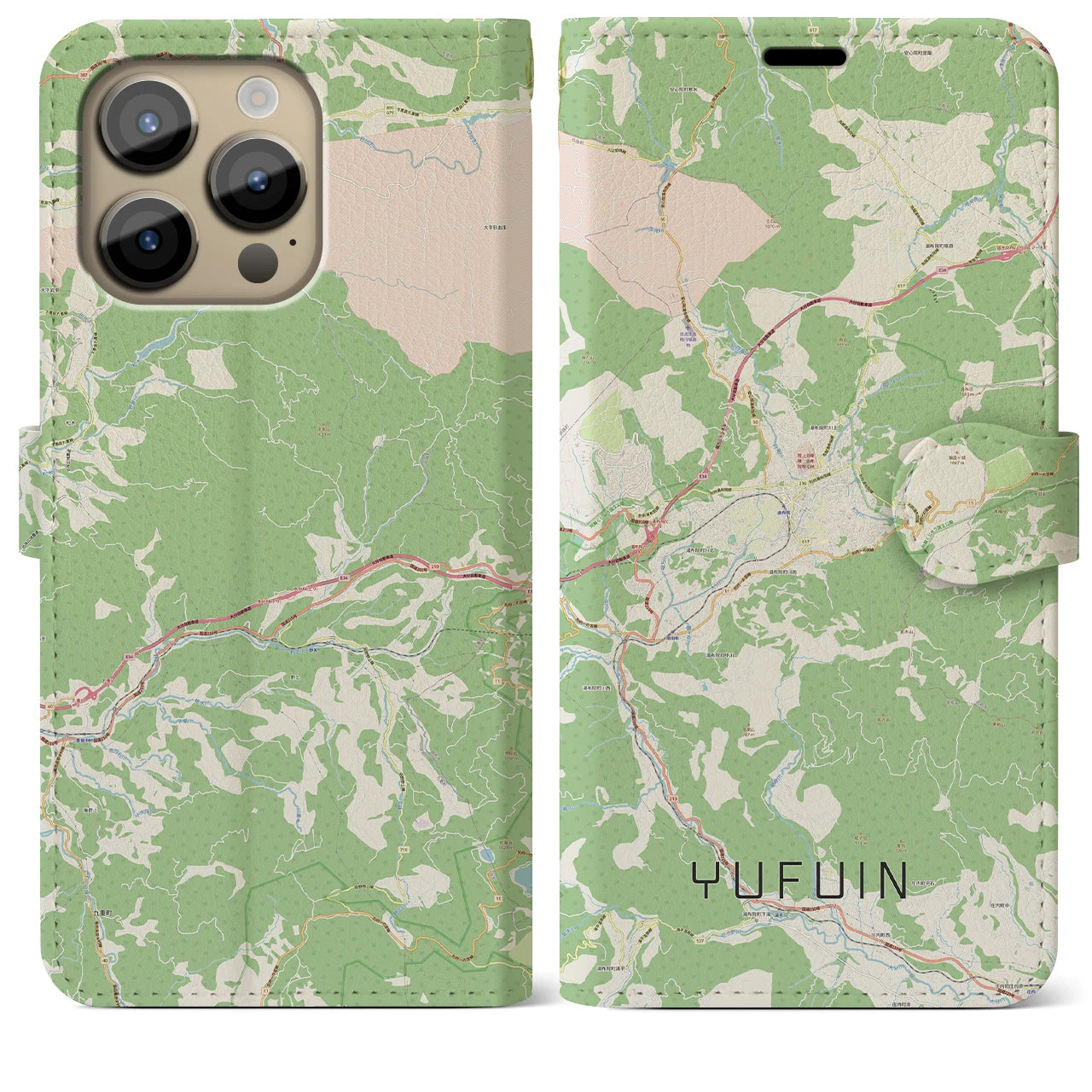 【湯布院(大分県)】地図柄iPhoneケース(手帳タイプ)ナチュラル・iPhone 14 Pro Max 用