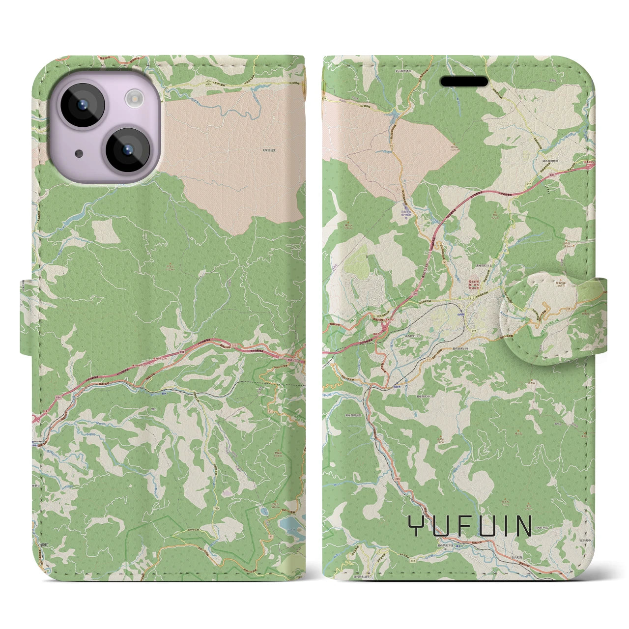 【湯布院(大分県)】地図柄iPhoneケース(手帳タイプ)ナチュラル・iPhone 14 用