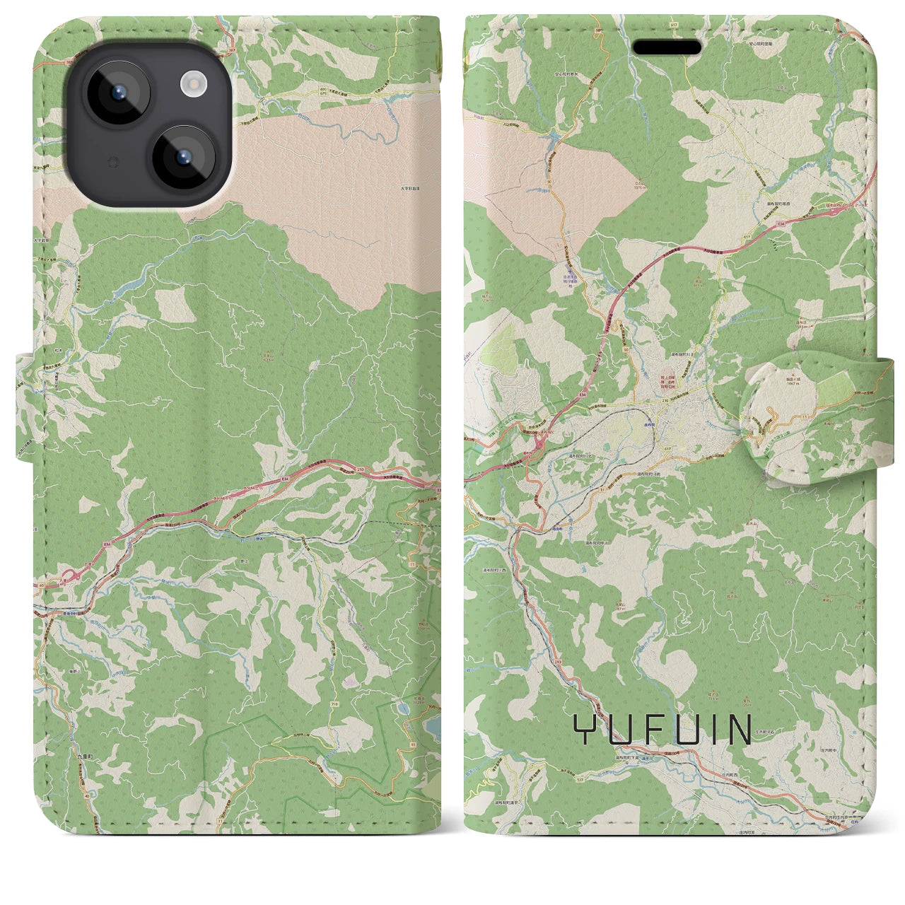 【湯布院(大分県)】地図柄iPhoneケース(手帳タイプ)ナチュラル・iPhone 14 Plus 用