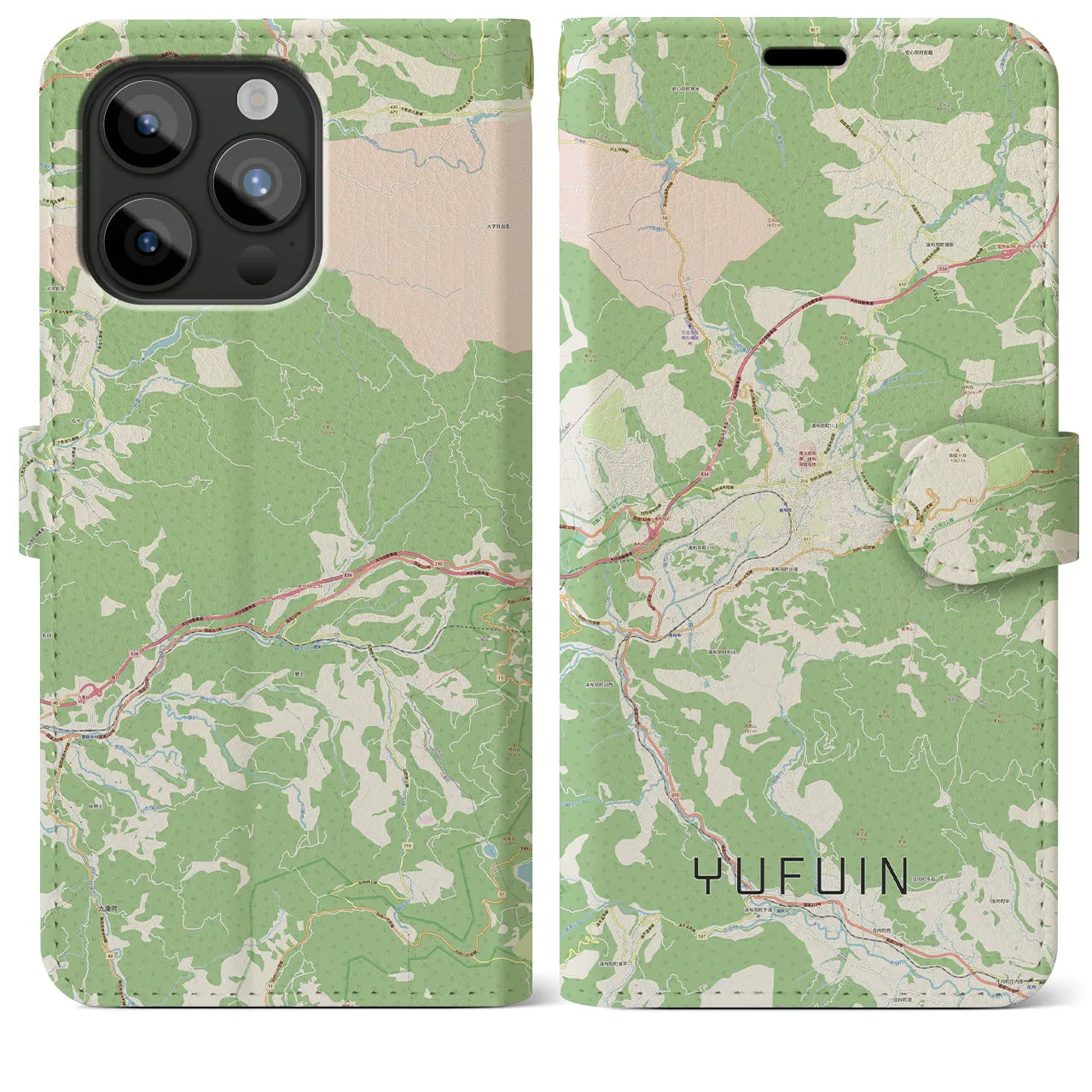 【湯布院(大分県)】地図柄iPhoneケース(手帳タイプ)ナチュラル・iPhone 15 Pro Max 用