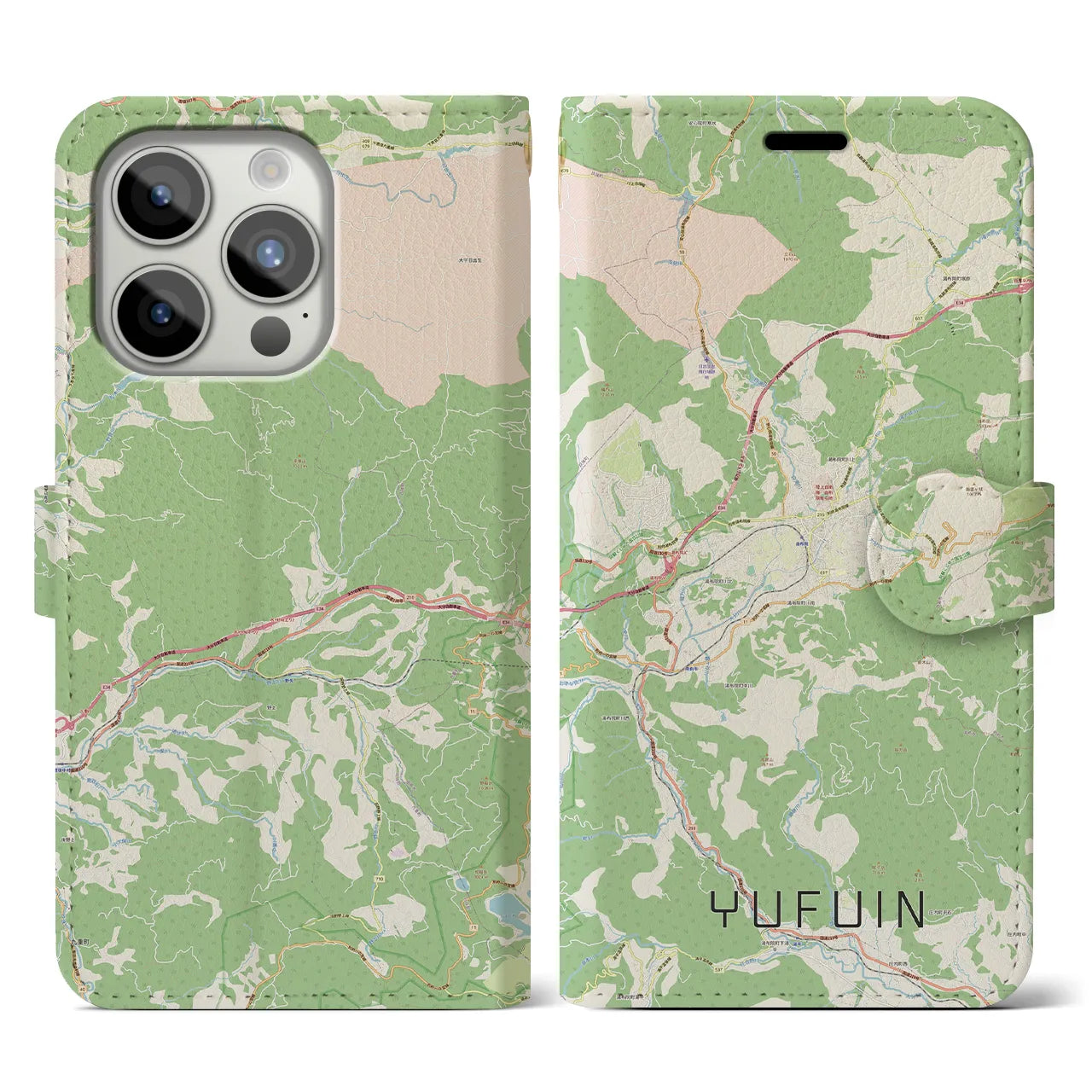 【湯布院(大分県)】地図柄iPhoneケース(手帳タイプ)ナチュラル・iPhone 15 Pro 用