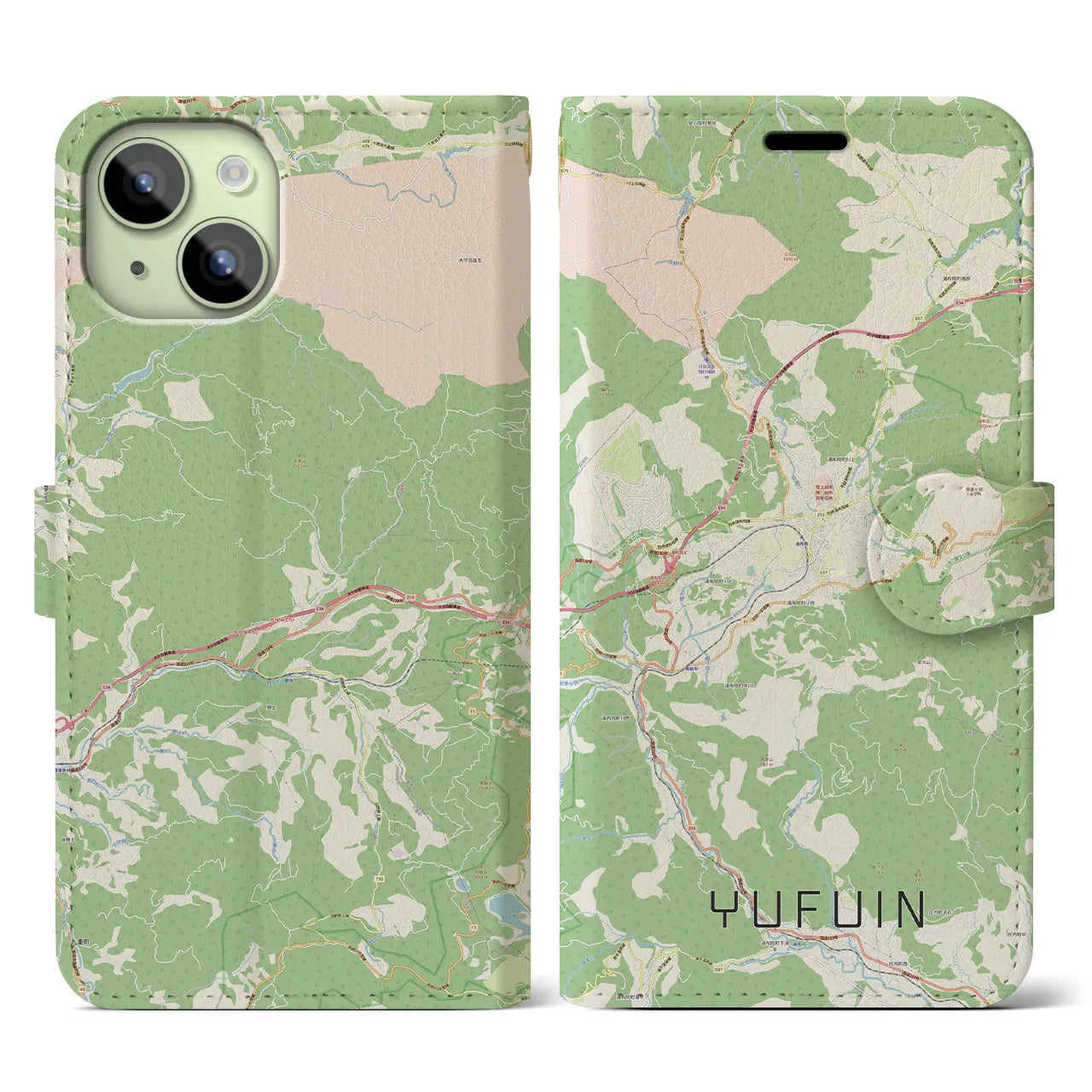 【湯布院(大分県)】地図柄iPhoneケース(手帳タイプ)ナチュラル・iPhone 15 用