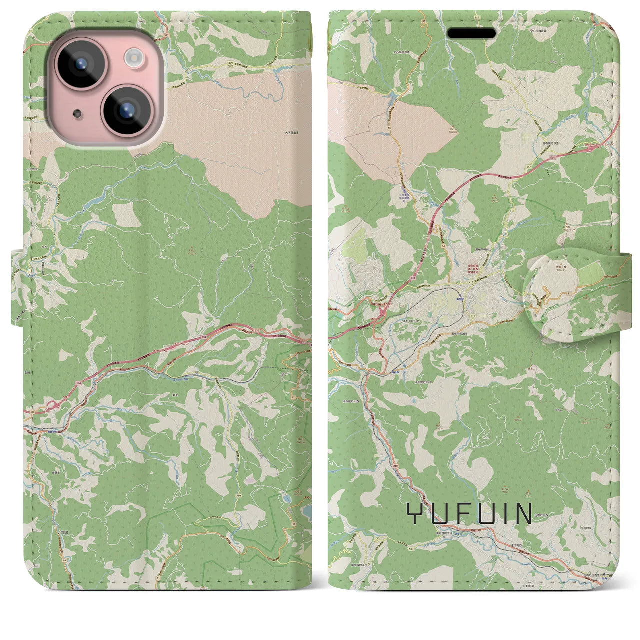 【湯布院(大分県)】地図柄iPhoneケース(手帳タイプ)ナチュラル・iPhone 15 Plus 用