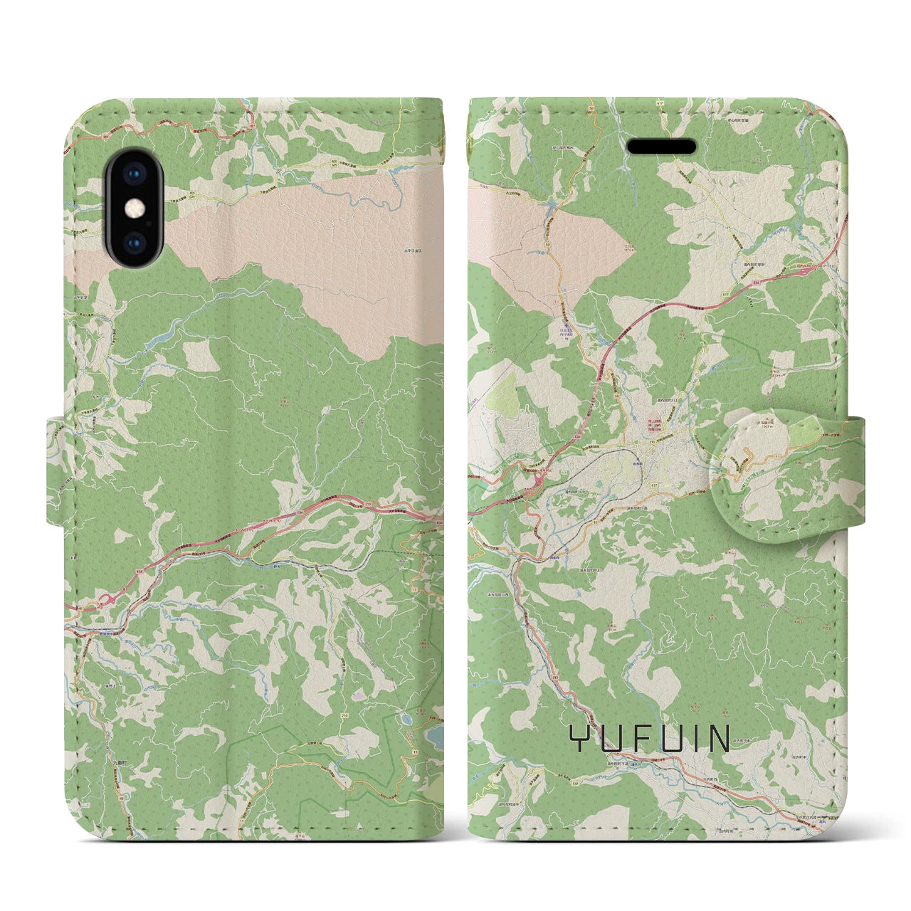 【湯布院(大分県)】地図柄iPhoneケース(手帳タイプ)ナチュラル・iPhone XS / X 用