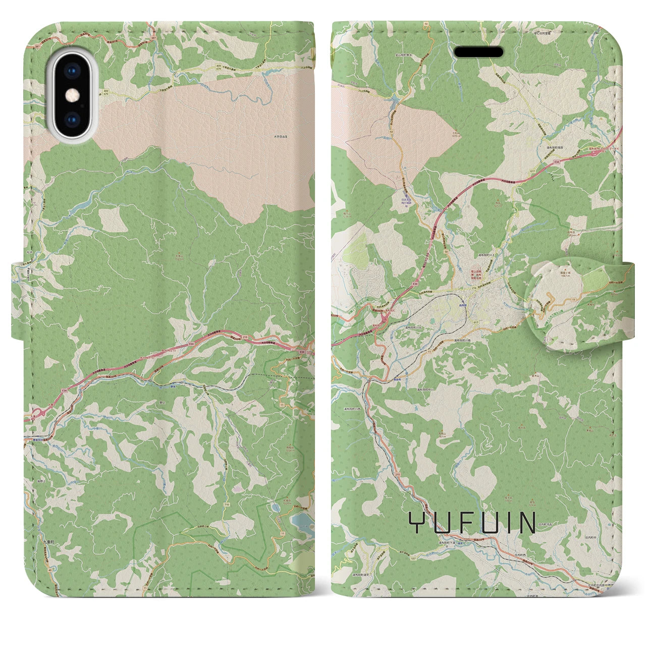 【湯布院(大分県)】地図柄iPhoneケース(手帳タイプ)ナチュラル・iPhone XS Max 用