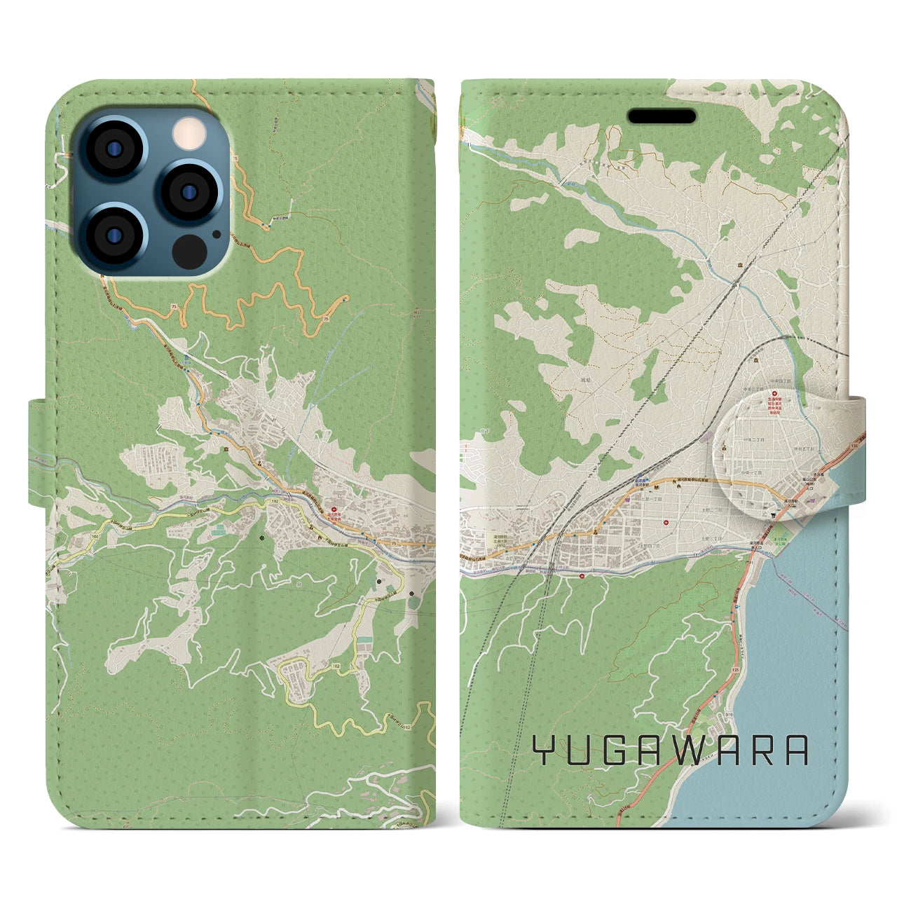 【湯河原(神奈川県)】地図柄iPhoneケース(手帳タイプ)ナチュラル・iPhone 12 / 12 Pro 用