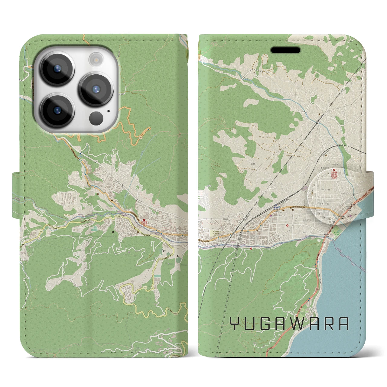 【湯河原(神奈川県)】地図柄iPhoneケース(手帳タイプ)ナチュラル・iPhone 14 Pro 用