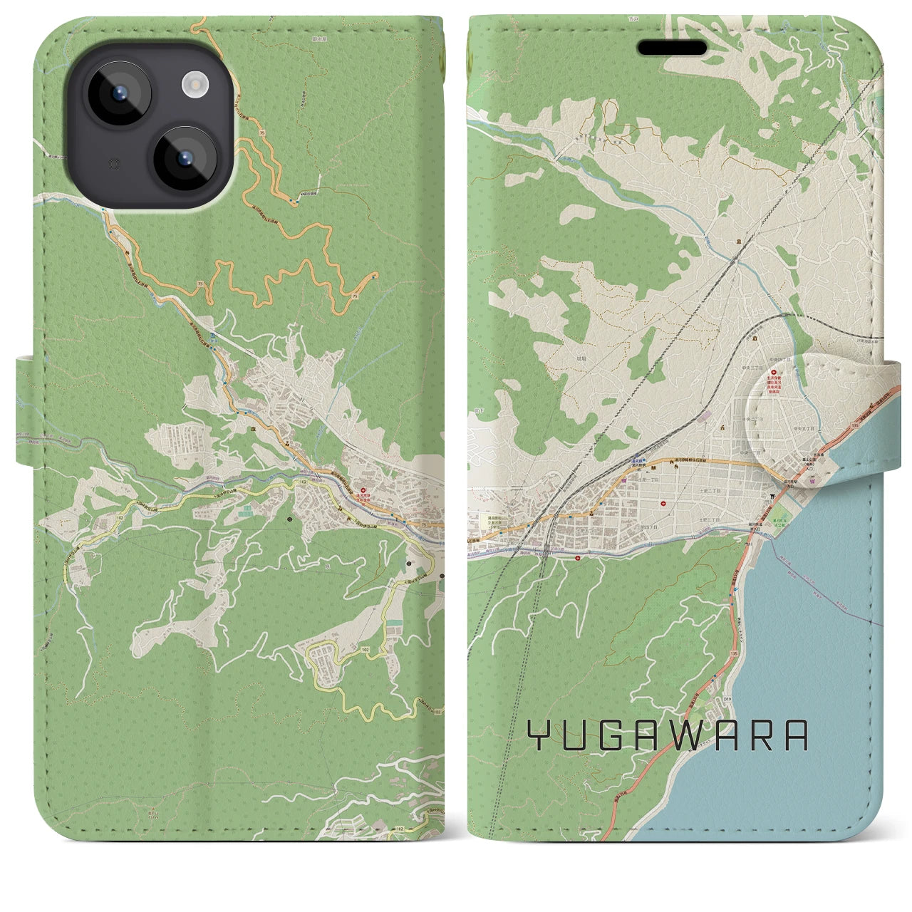 【湯河原(神奈川県)】地図柄iPhoneケース(手帳タイプ)ナチュラル・iPhone 14 Plus 用