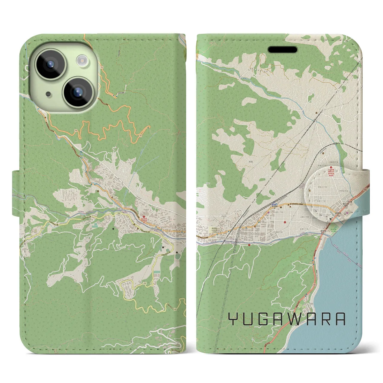 【湯河原(神奈川県)】地図柄iPhoneケース(手帳タイプ)ナチュラル・iPhone 15 用