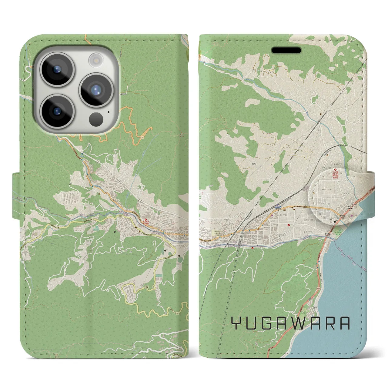 【湯河原(神奈川県)】地図柄iPhoneケース(手帳タイプ)ナチュラル・iPhone 15 Pro 用