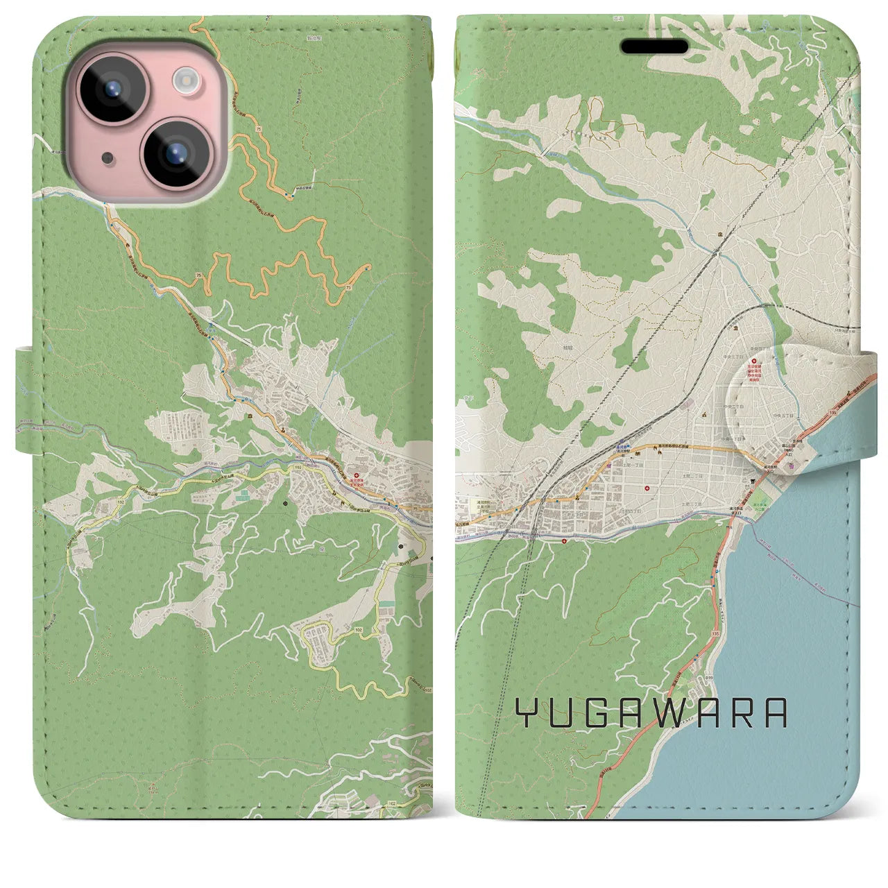 【湯河原(神奈川県)】地図柄iPhoneケース(手帳タイプ)ナチュラル・iPhone 15 Plus 用