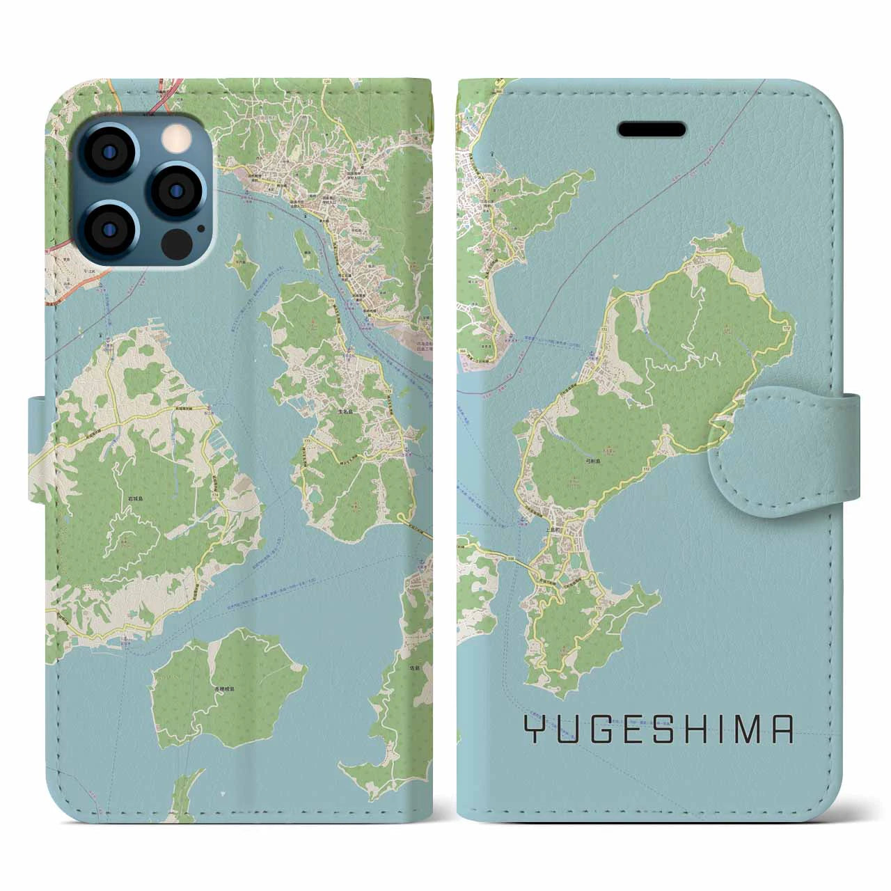 【弓削島(愛媛県)】地図柄iPhoneケース(手帳タイプ)ナチュラル・iPhone 12 / 12 Pro 用