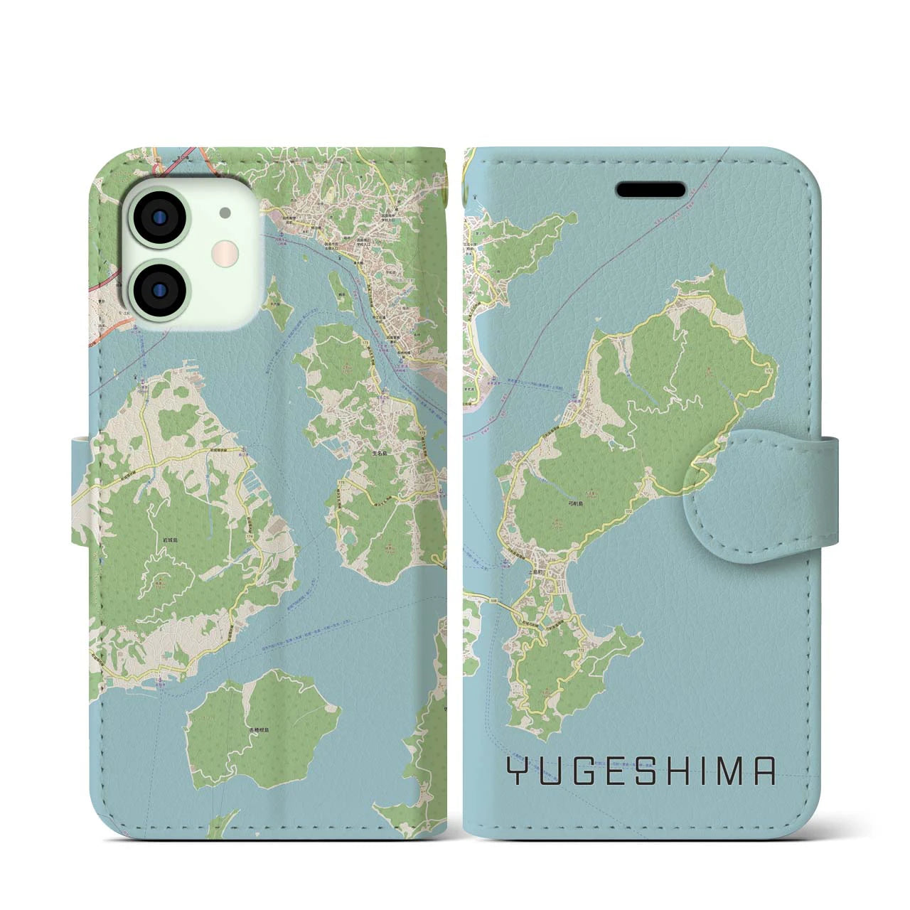 【弓削島(愛媛県)】地図柄iPhoneケース(手帳タイプ)ナチュラル・iPhone 12 mini 用