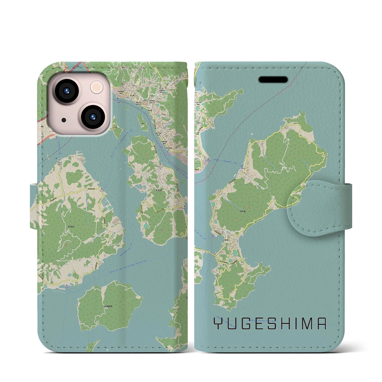 【弓削島(愛媛県)】地図柄iPhoneケース(手帳タイプ)ナチュラル・iPhone 13 mini 用