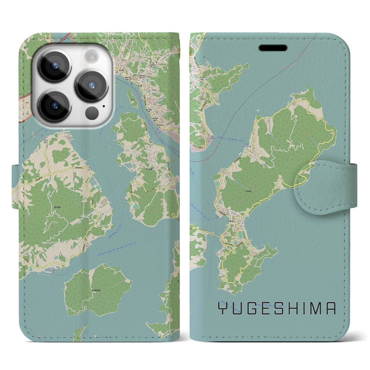 【弓削島(愛媛県)】地図柄iPhoneケース(手帳タイプ)ナチュラル・iPhone 14 Pro 用