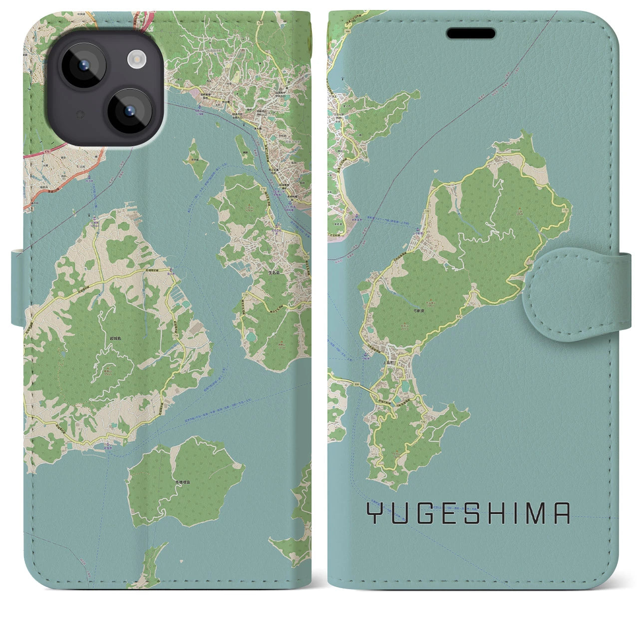 【弓削島(愛媛県)】地図柄iPhoneケース(手帳タイプ)ナチュラル・iPhone 14 Plus 用