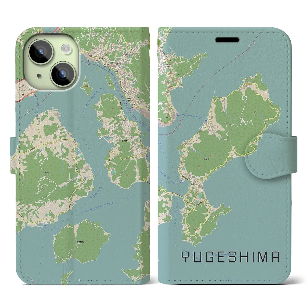 【弓削島(愛媛県)】地図柄iPhoneケース(手帳タイプ)ナチュラル・iPhone 15 用