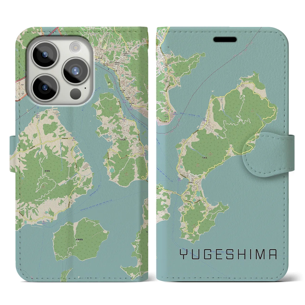 【弓削島(愛媛県)】地図柄iPhoneケース(手帳タイプ)ナチュラル・iPhone 15 Pro 用