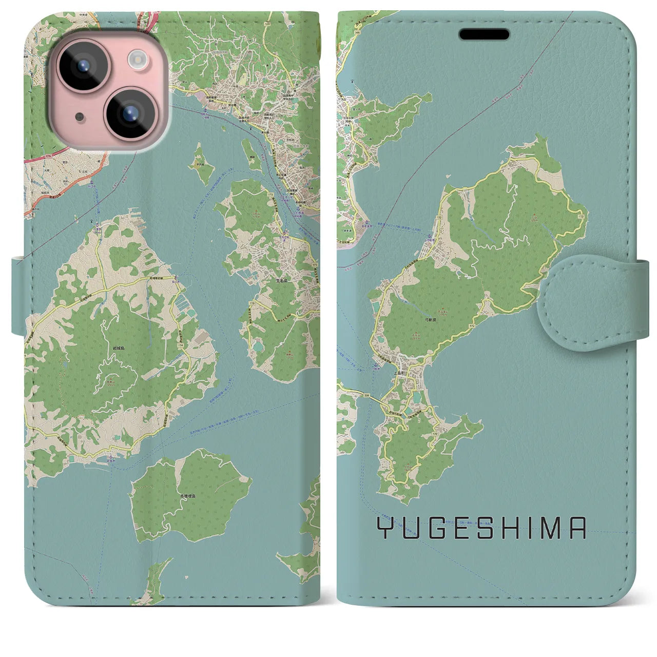 【弓削島(愛媛県)】地図柄iPhoneケース(手帳タイプ)ナチュラル・iPhone 15 Plus 用