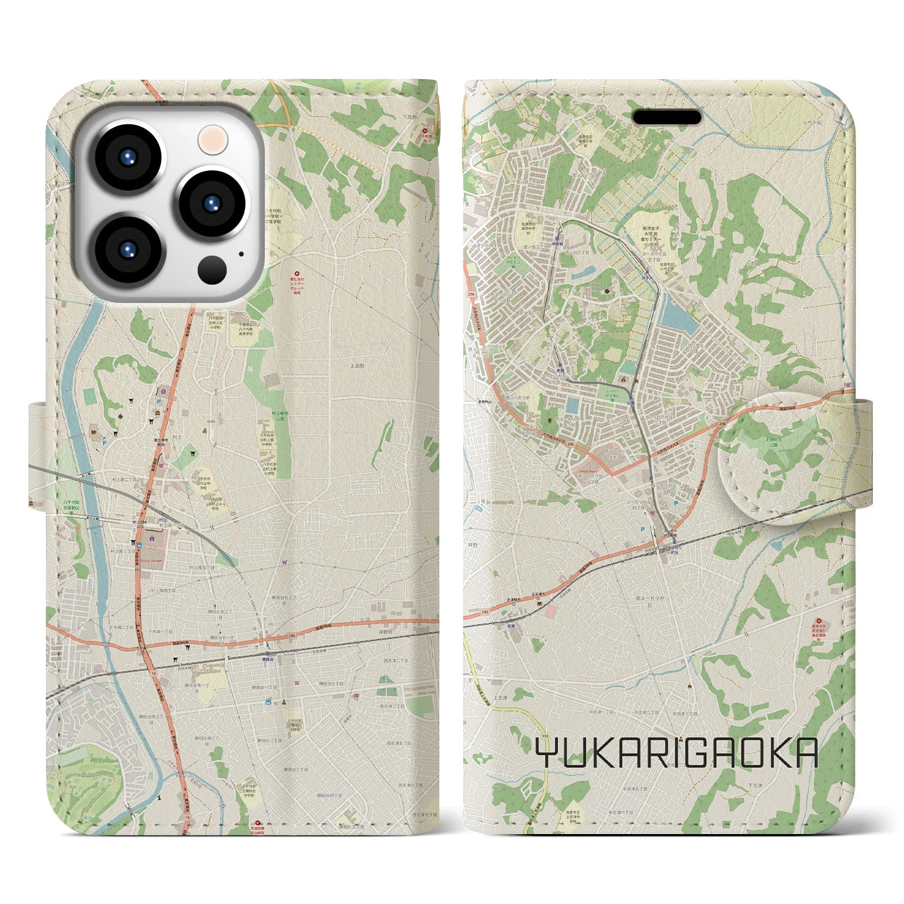 【ユーカリが丘(千葉県)】地図柄iPhoneケース(手帳タイプ)ナチュラル・iPhone 13 Pro 用