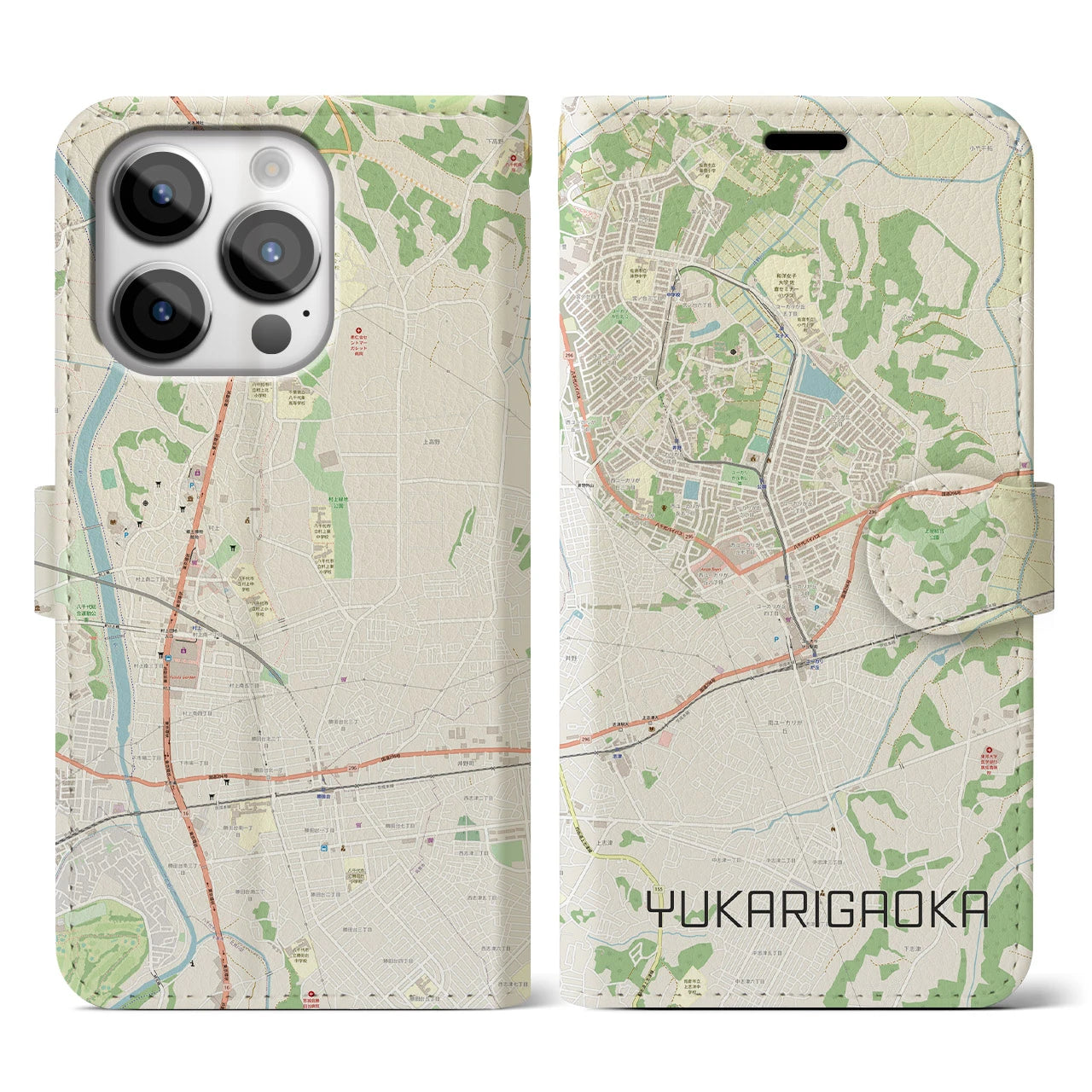 【ユーカリが丘(千葉県)】地図柄iPhoneケース(手帳タイプ)ナチュラル・iPhone 14 Pro 用