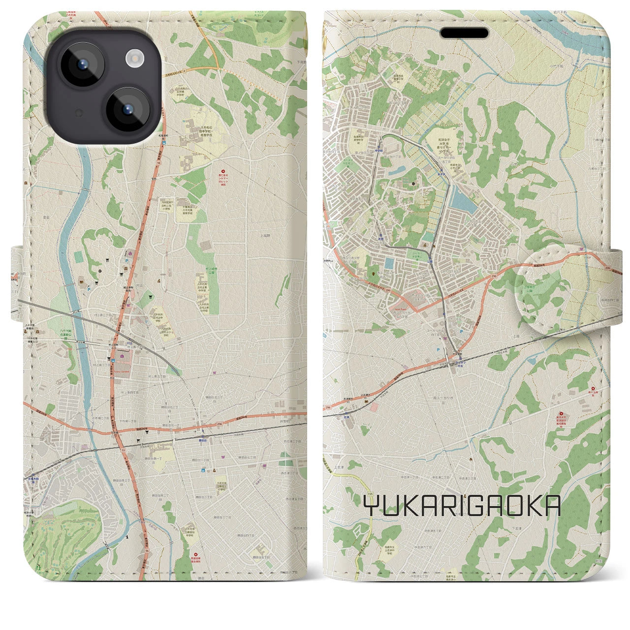 【ユーカリが丘(千葉県)】地図柄iPhoneケース(手帳タイプ)ナチュラル・iPhone 14 Plus 用