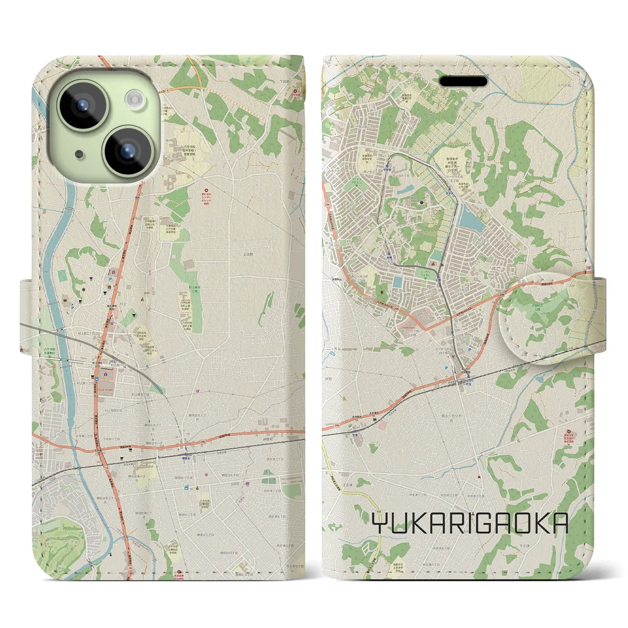 【ユーカリが丘(千葉県)】地図柄iPhoneケース(手帳タイプ)ナチュラル・iPhone 15 用