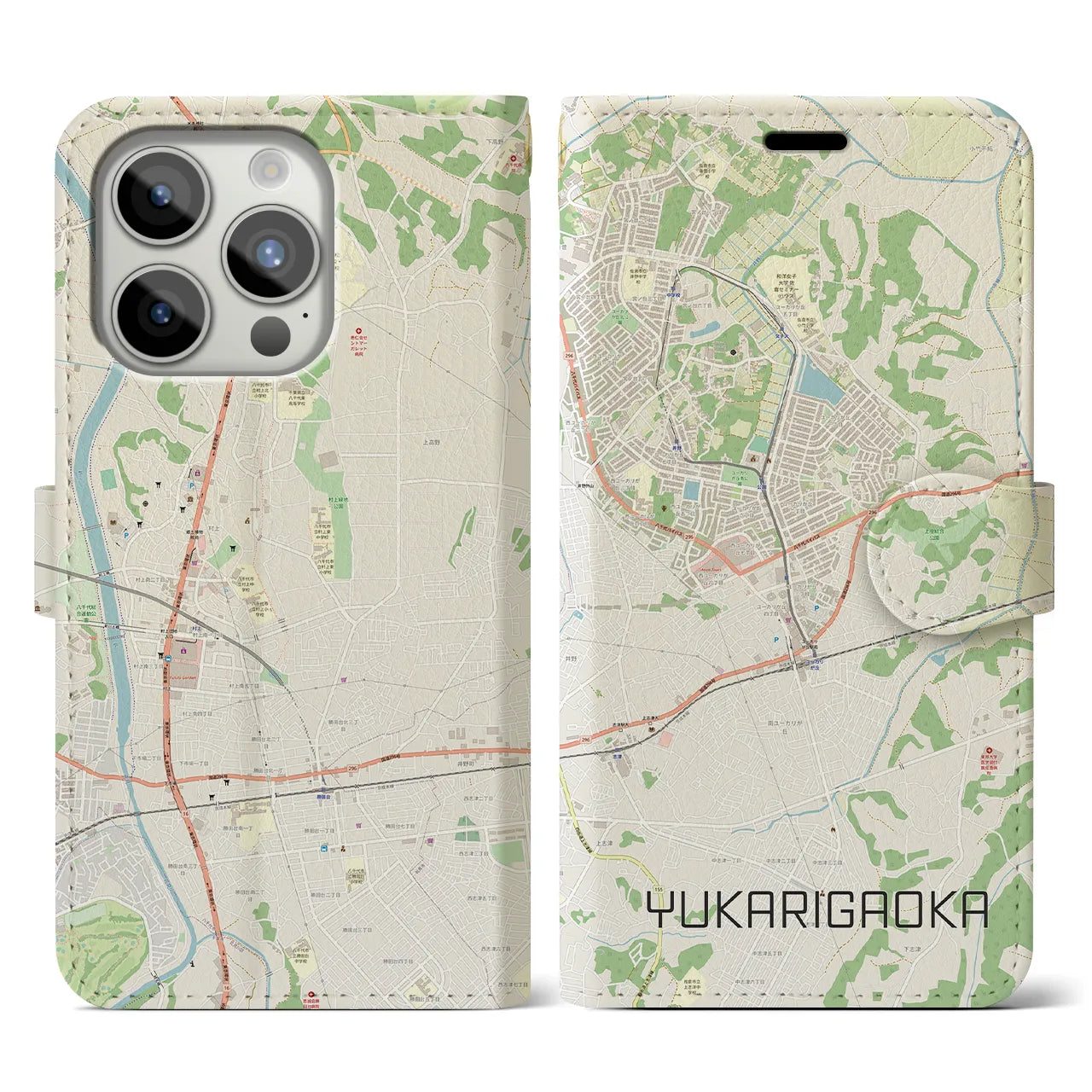 【ユーカリが丘(千葉県)】地図柄iPhoneケース(手帳タイプ)ナチュラル・iPhone 15 Pro 用