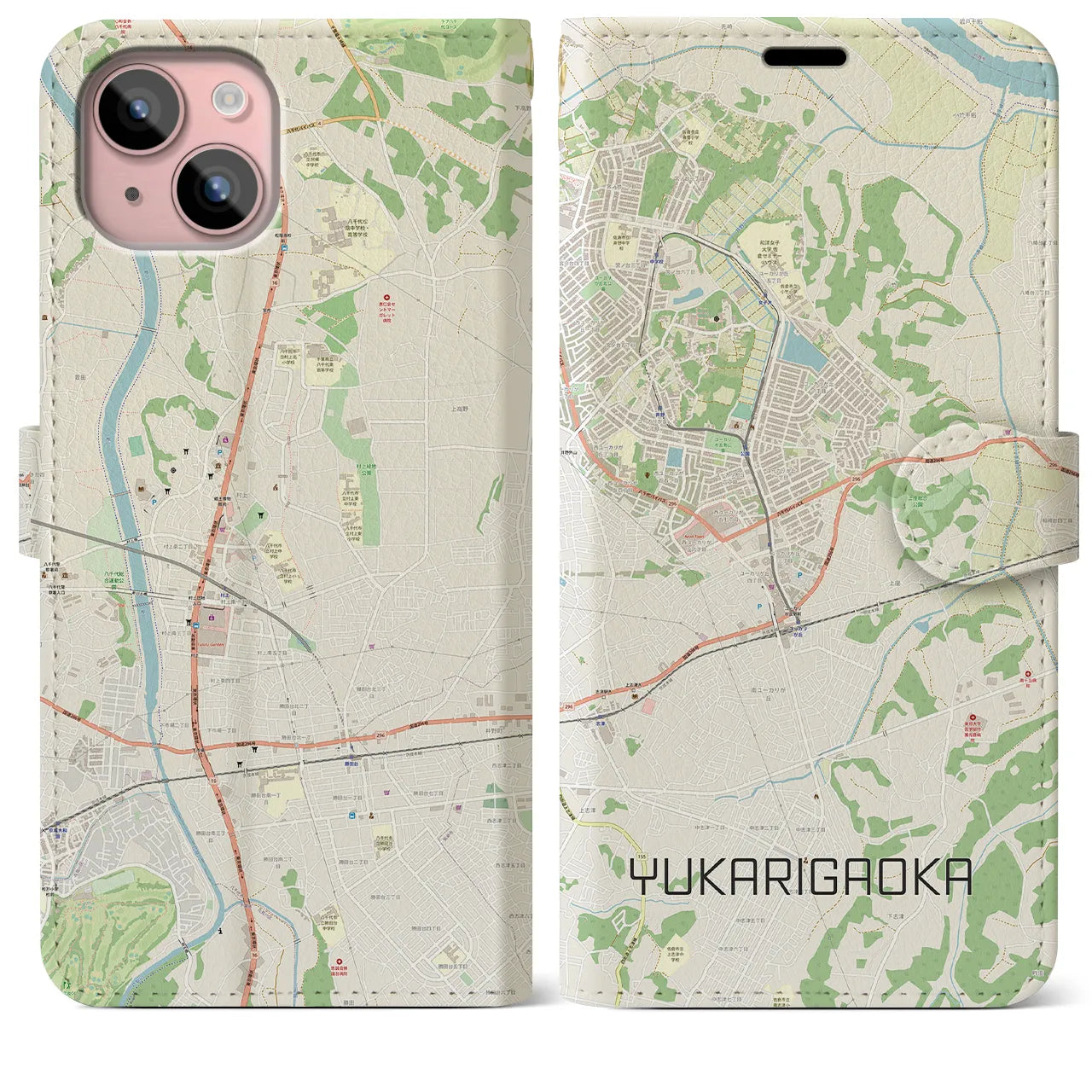 【ユーカリが丘(千葉県)】地図柄iPhoneケース(手帳タイプ)ナチュラル・iPhone 15 Plus 用