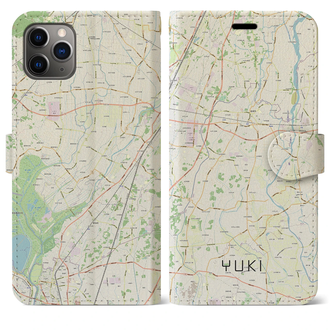 【結城(茨城県)】地図柄iPhoneケース(手帳タイプ)ナチュラル・iPhone 11 Pro Max 用