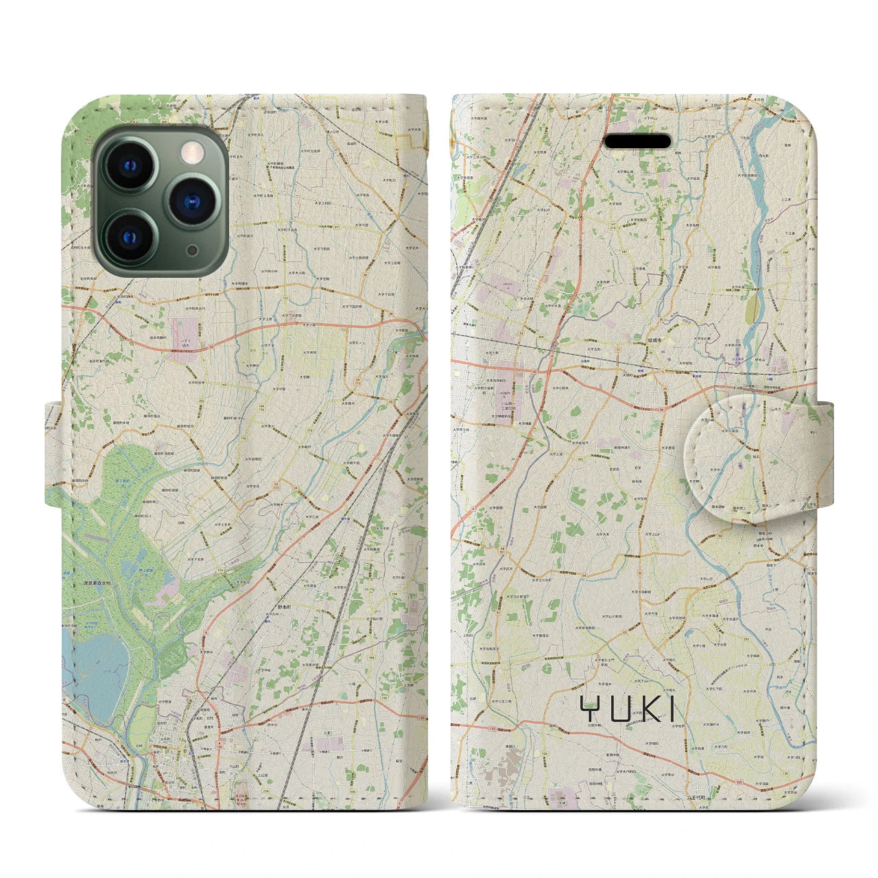 【結城(茨城県)】地図柄iPhoneケース(手帳タイプ)ナチュラル・iPhone 11 Pro 用