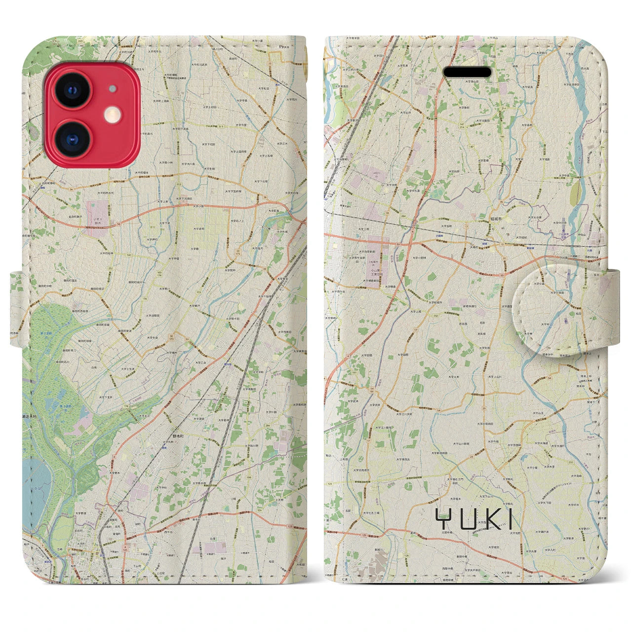 【結城(茨城県)】地図柄iPhoneケース(手帳タイプ)ナチュラル・iPhone 11 用