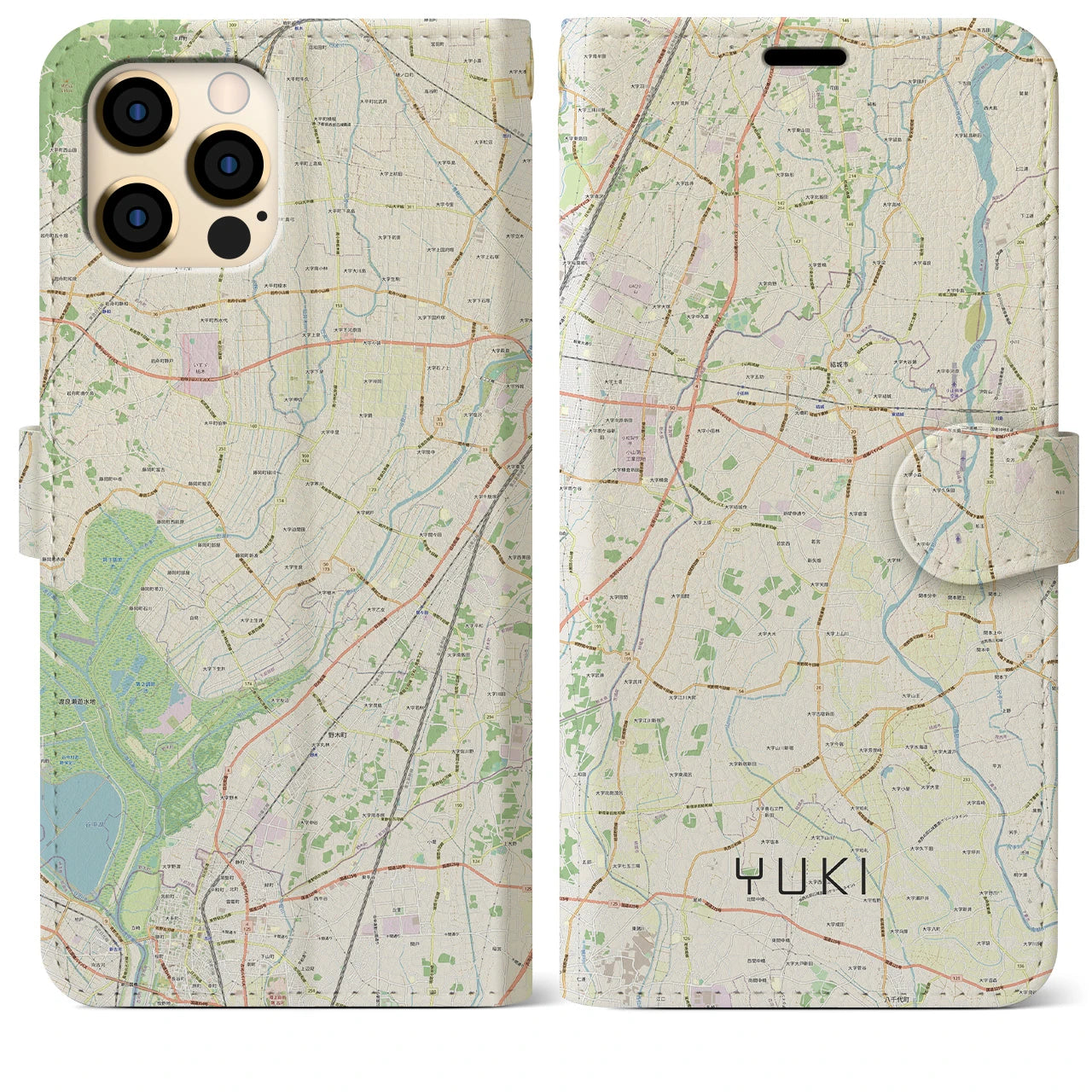 【結城(茨城県)】地図柄iPhoneケース(手帳タイプ)ナチュラル・iPhone 12 Pro Max 用