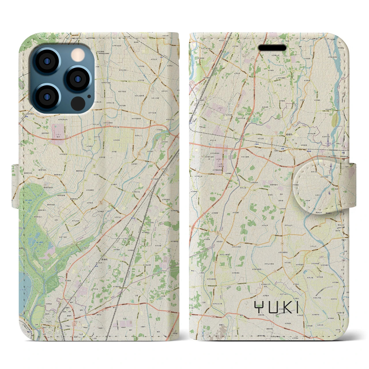 【結城(茨城県)】地図柄iPhoneケース(手帳タイプ)ナチュラル・iPhone 12 / 12 Pro 用