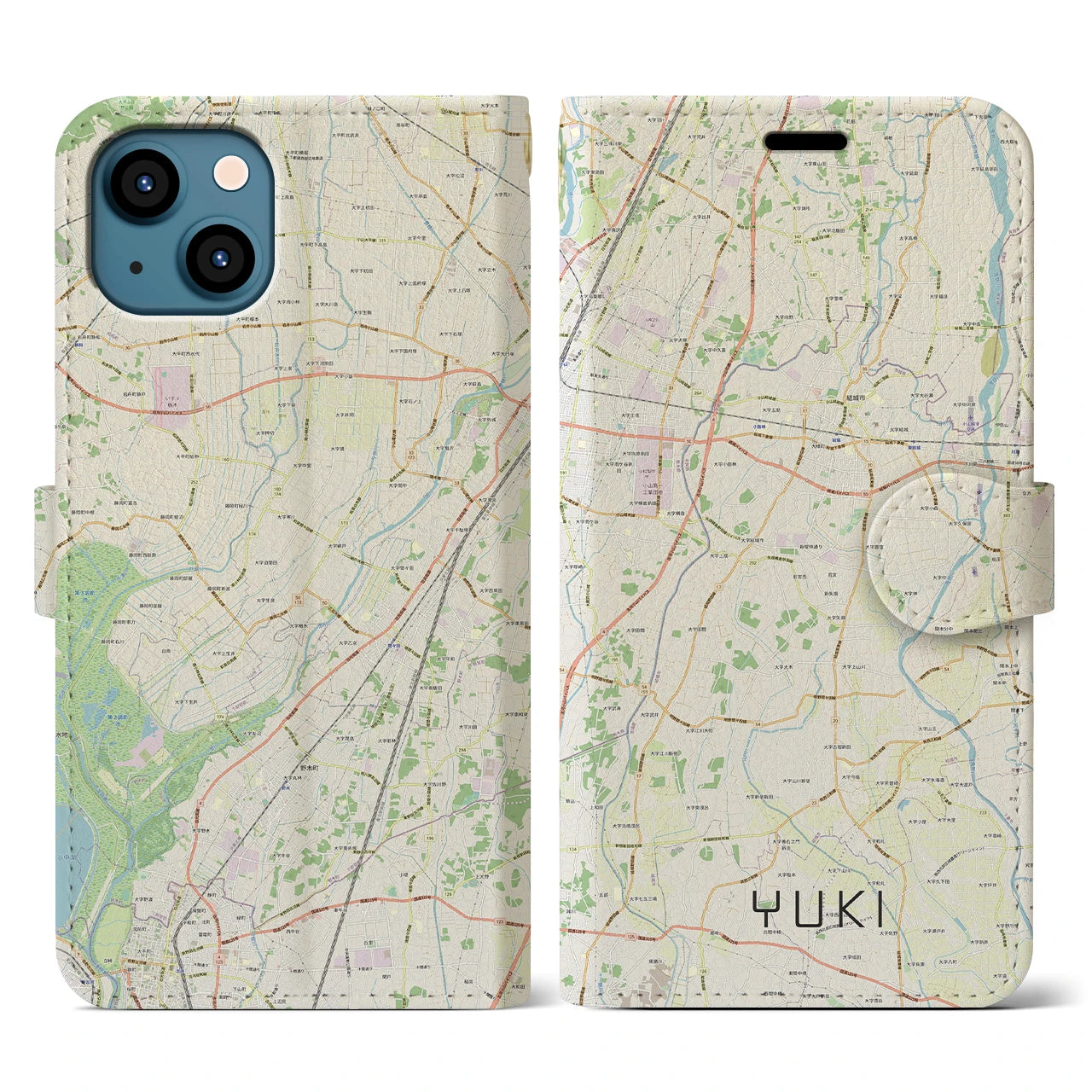 【結城(茨城県)】地図柄iPhoneケース(手帳タイプ)ナチュラル・iPhone 13 用