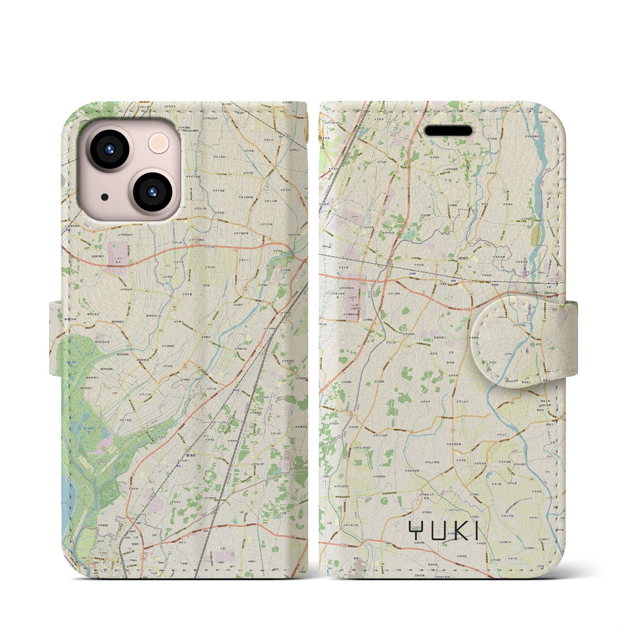 【結城(茨城県)】地図柄iPhoneケース(手帳タイプ)ナチュラル・iPhone 13 mini 用