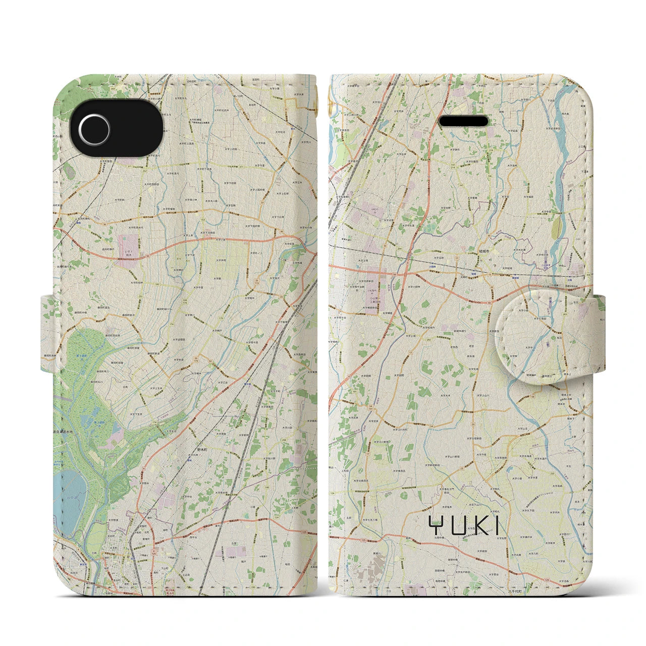 【結城(茨城県)】地図柄iPhoneケース(手帳タイプ)ナチュラル・iPhone SE(第3 / 第2世代) / 8 / 7 / 6s / 6 用