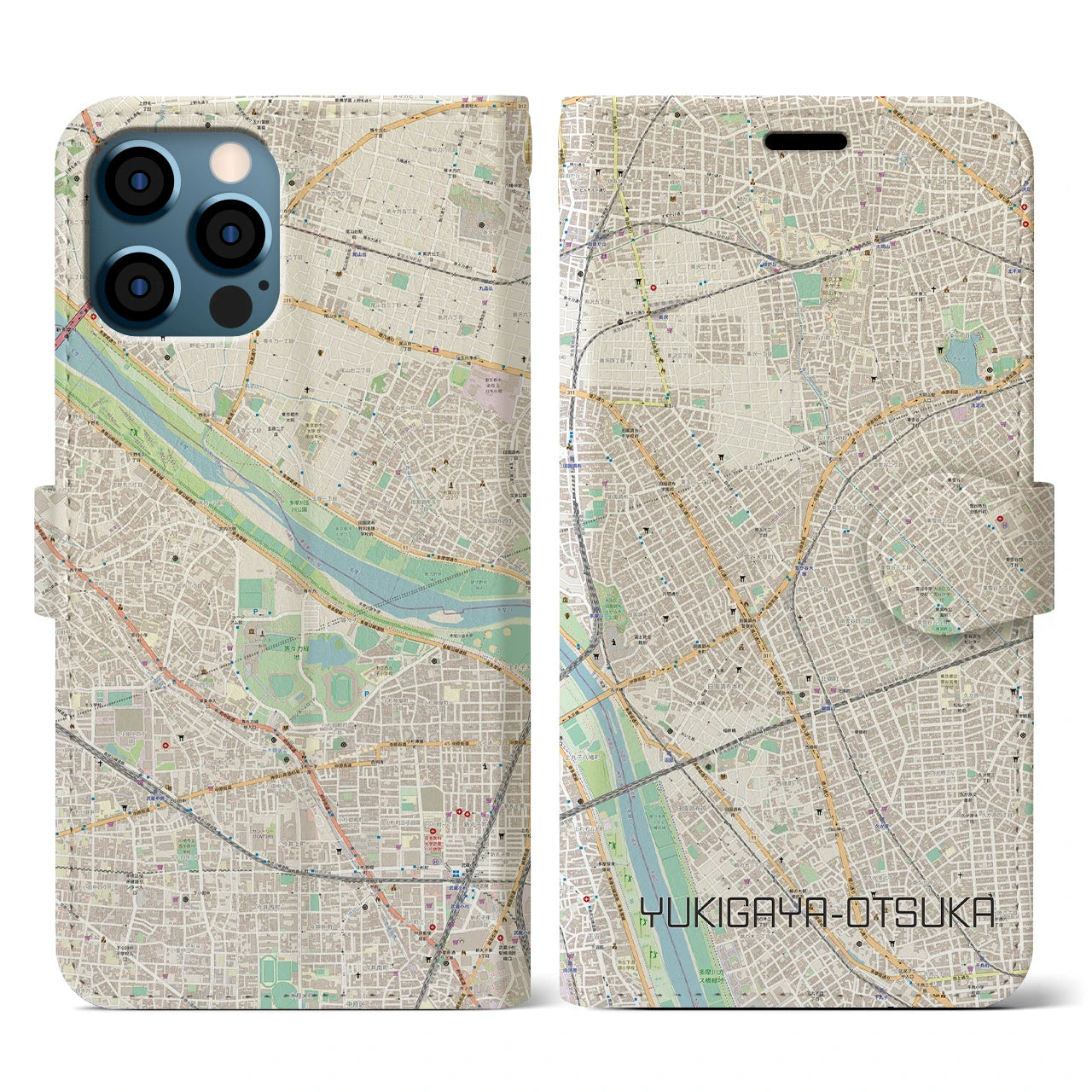 【雪が谷大塚(東京都)】地図柄iPhoneケース(手帳タイプ)ナチュラル・iPhone 12 / 12 Pro 用