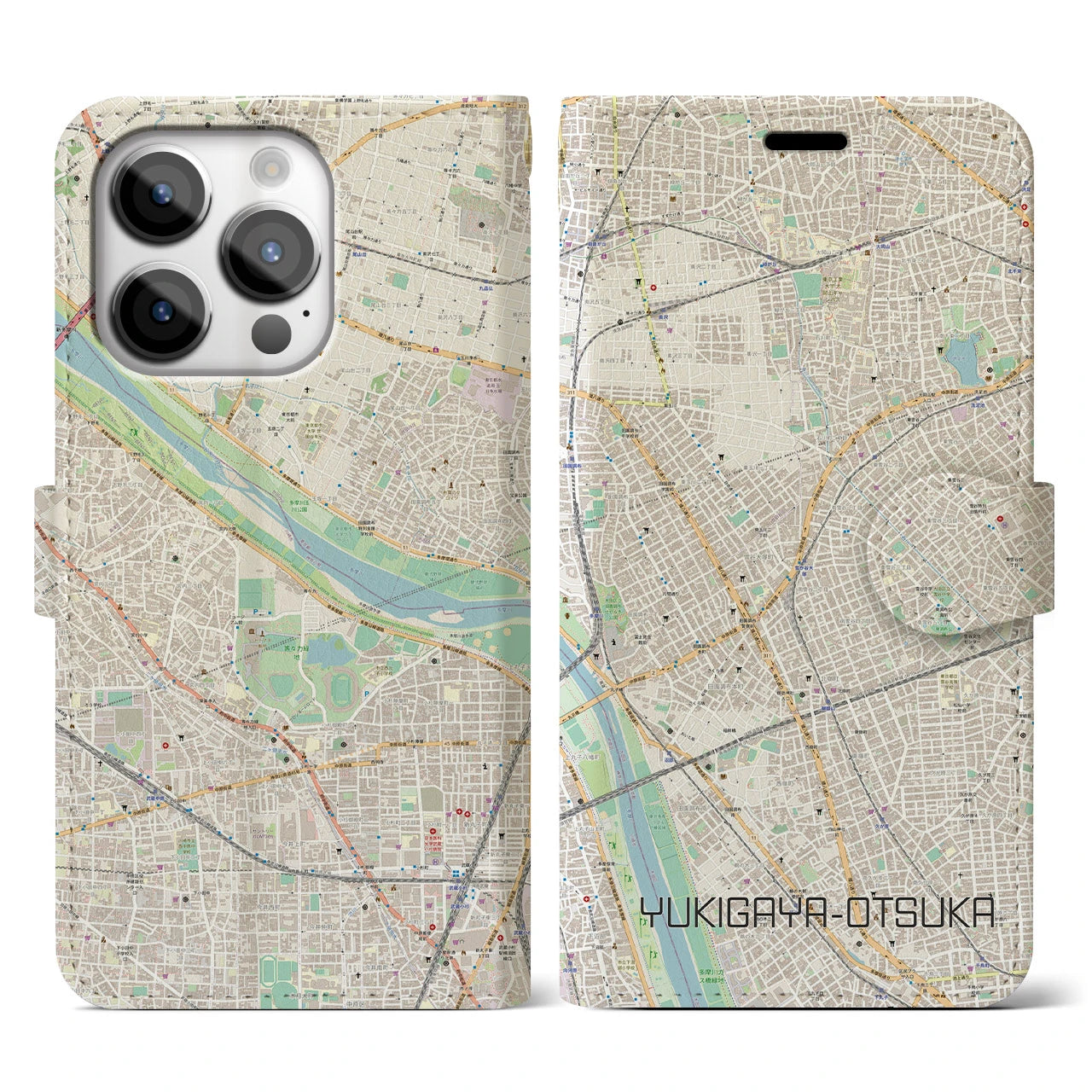 【雪が谷大塚(東京都)】地図柄iPhoneケース(手帳タイプ)ナチュラル・iPhone 14 Pro 用