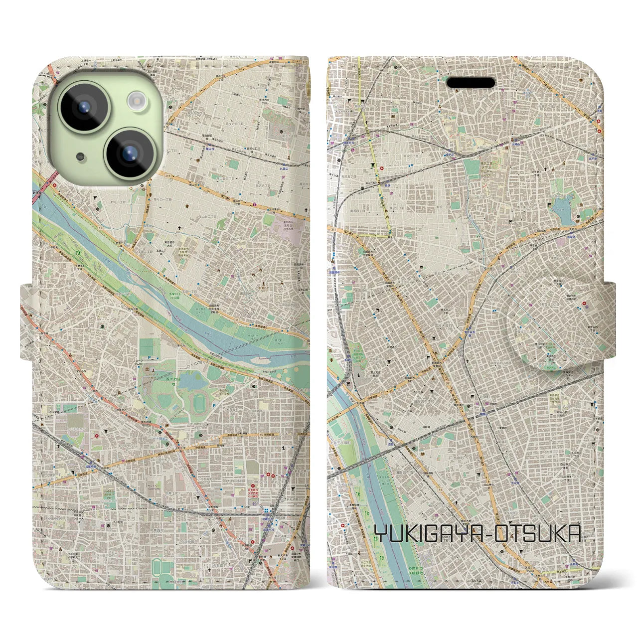 【雪が谷大塚(東京都)】地図柄iPhoneケース(手帳タイプ)ナチュラル・iPhone 15 用