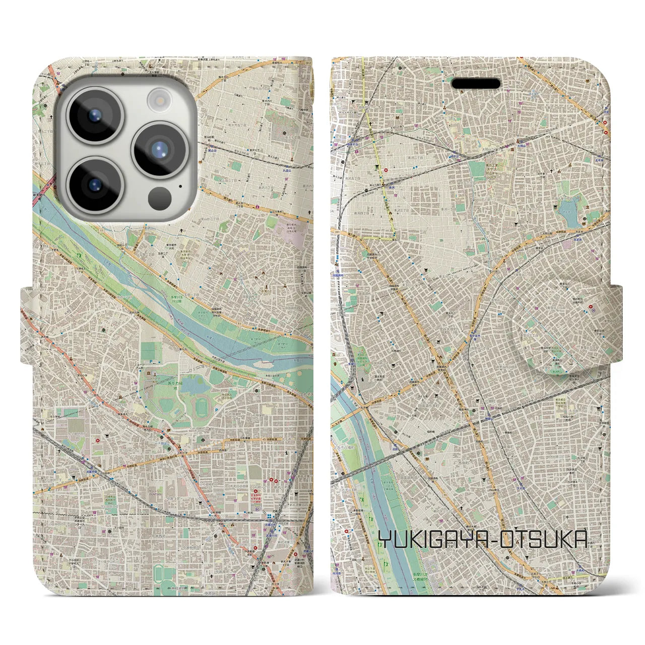 【雪が谷大塚(東京都)】地図柄iPhoneケース(手帳タイプ)ナチュラル・iPhone 15 Pro 用