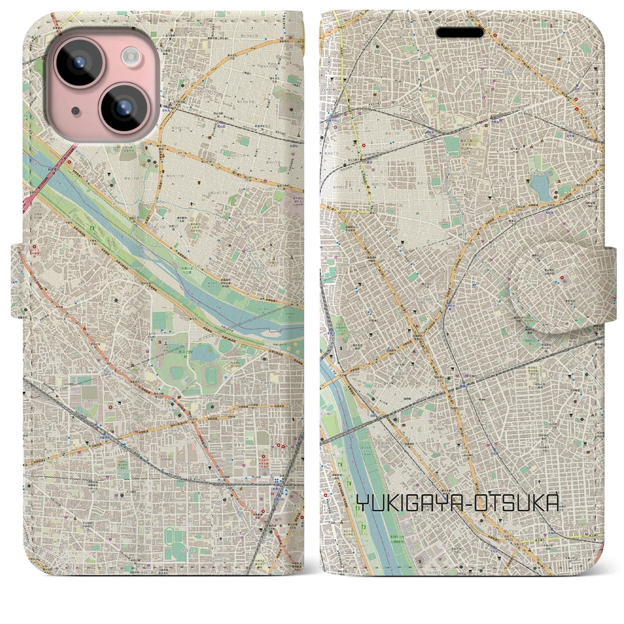 【雪が谷大塚(東京都)】地図柄iPhoneケース(手帳タイプ)ナチュラル・iPhone 15 Plus 用