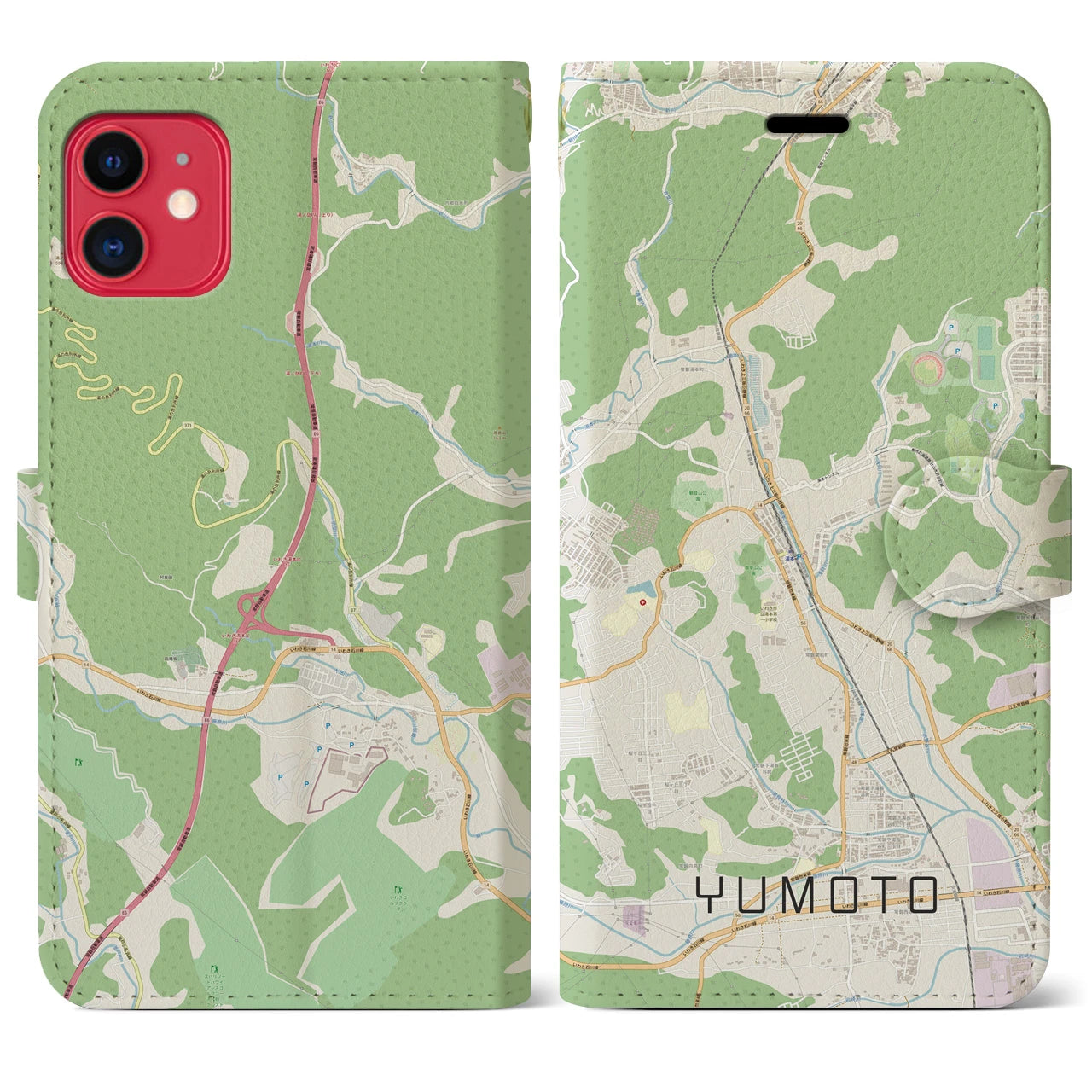 【湯本(福島県)】地図柄iPhoneケース(手帳タイプ)ナチュラル・iPhone 11 用