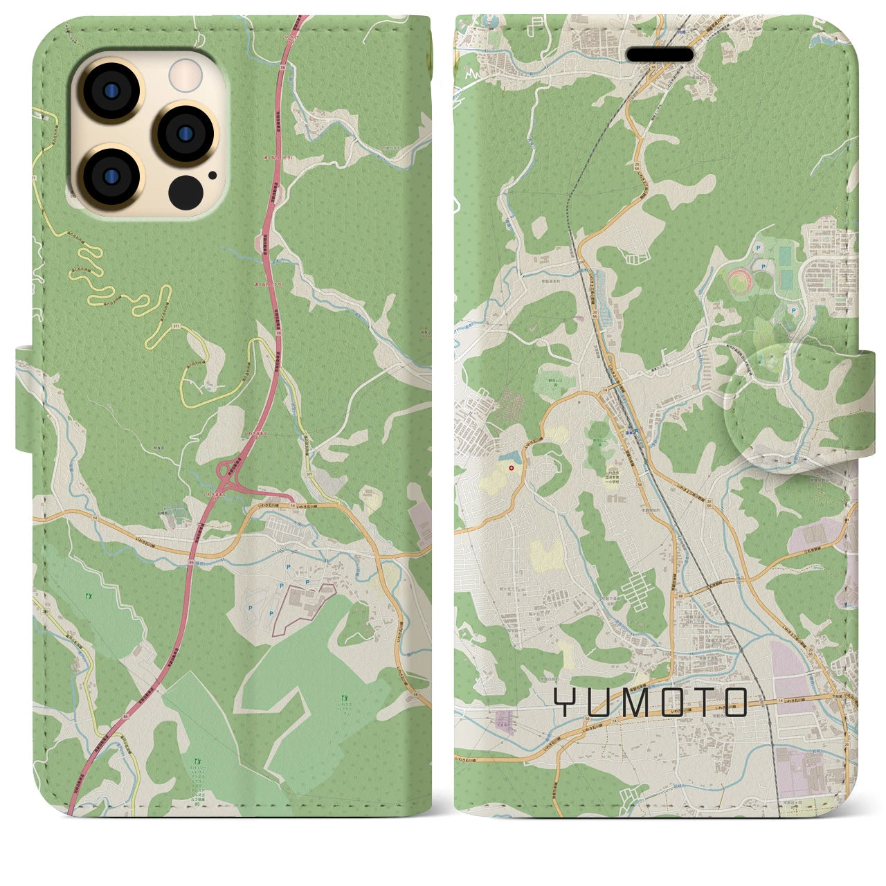 【湯本(福島県)】地図柄iPhoneケース(手帳タイプ)ナチュラル・iPhone 12 Pro Max 用