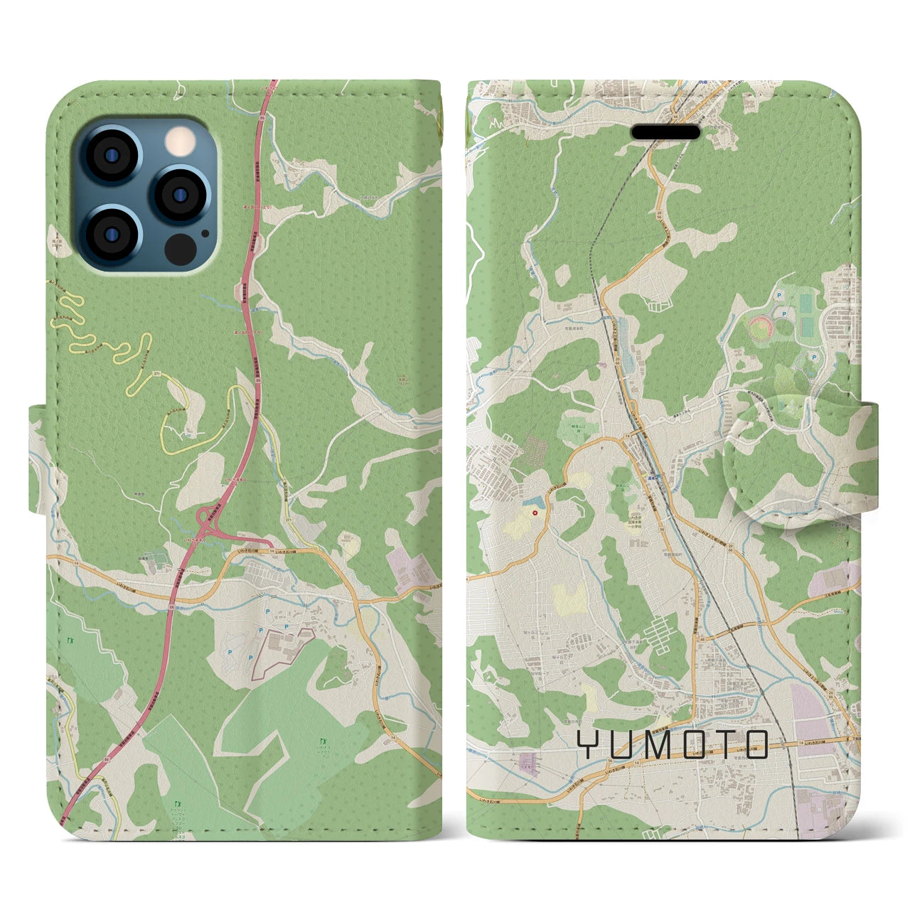 【湯本(福島県)】地図柄iPhoneケース(手帳タイプ)ナチュラル・iPhone 12 / 12 Pro 用