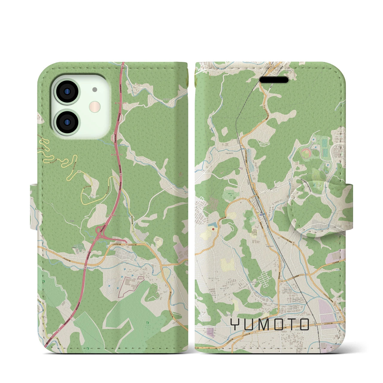 【湯本(福島県)】地図柄iPhoneケース(手帳タイプ)ナチュラル・iPhone 12 mini 用