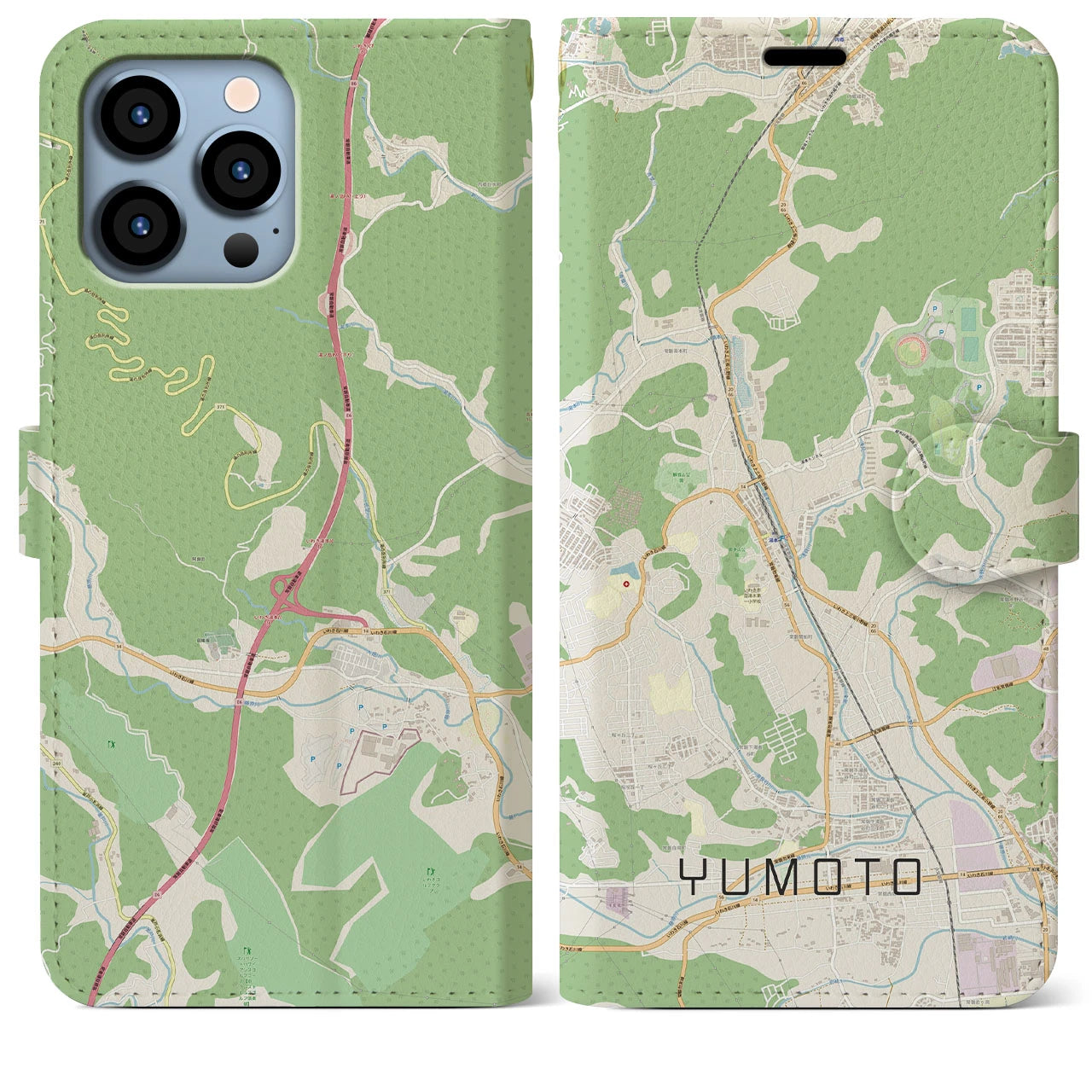 【湯本(福島県)】地図柄iPhoneケース(手帳タイプ)ナチュラル・iPhone 13 Pro Max 用