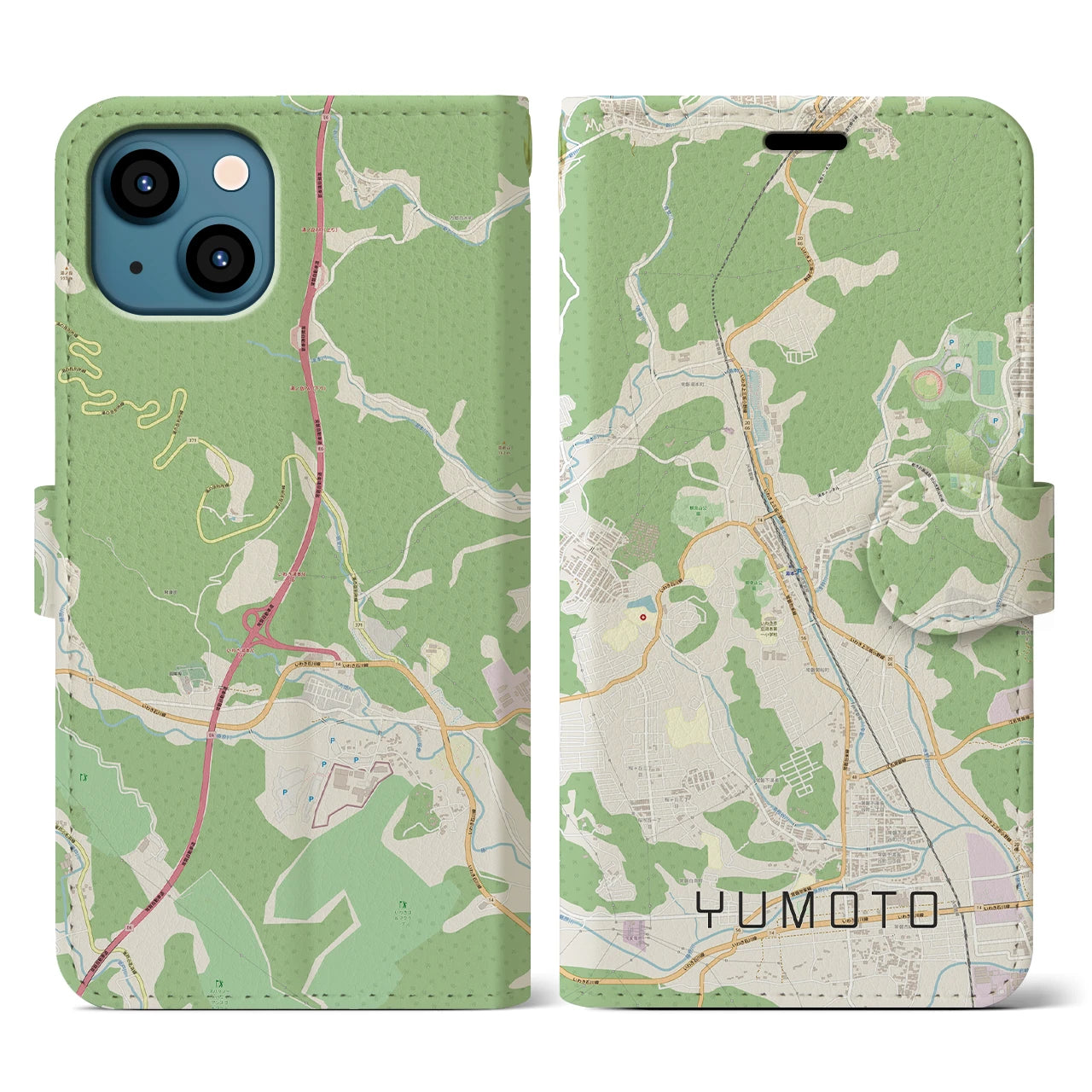 【湯本(福島県)】地図柄iPhoneケース(手帳タイプ)ナチュラル・iPhone 13 Pro 用